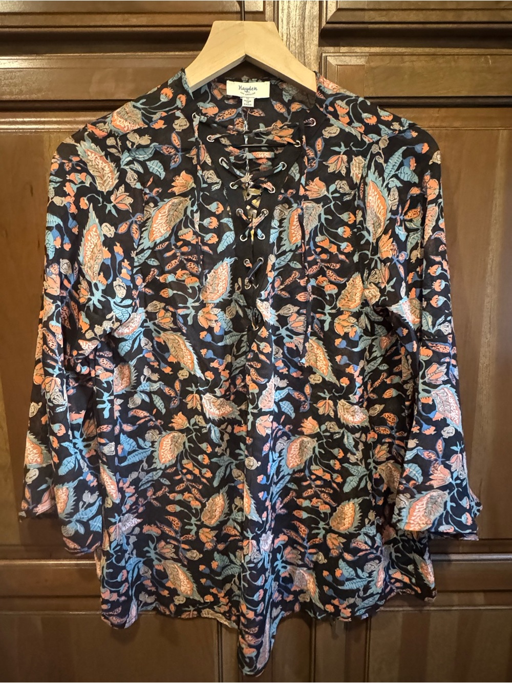 Hayden Black Floral Lace-Up V-Neck Blouse